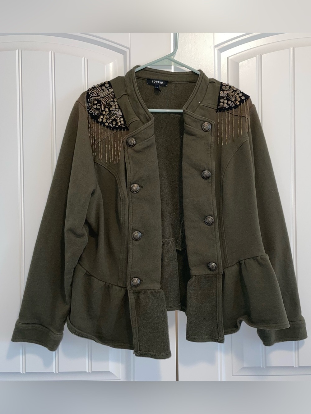 torrid olive green military-style embellished peplum jacket